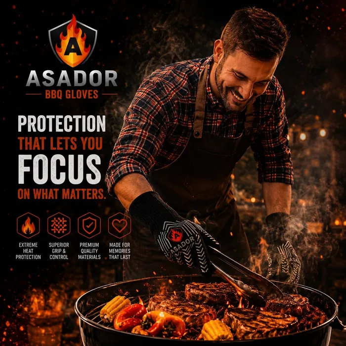 ASADOR BBQ Gloves — Protection that lets you focus on what matters. Extreme heat protection, superior grip and control, premium quality materials, made for memories that last. A smiling man in a plaid shirt and apron turns steaks, corn and capsicum on a charcoal grill with tongs, wearing black ASADOR heat-resistant gloves.