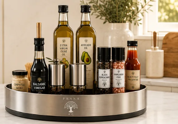 A stainless Prana lazy susan holding olive oil, avocado oil, balsamic vinegar and spice grinders on a marble kitchen bench