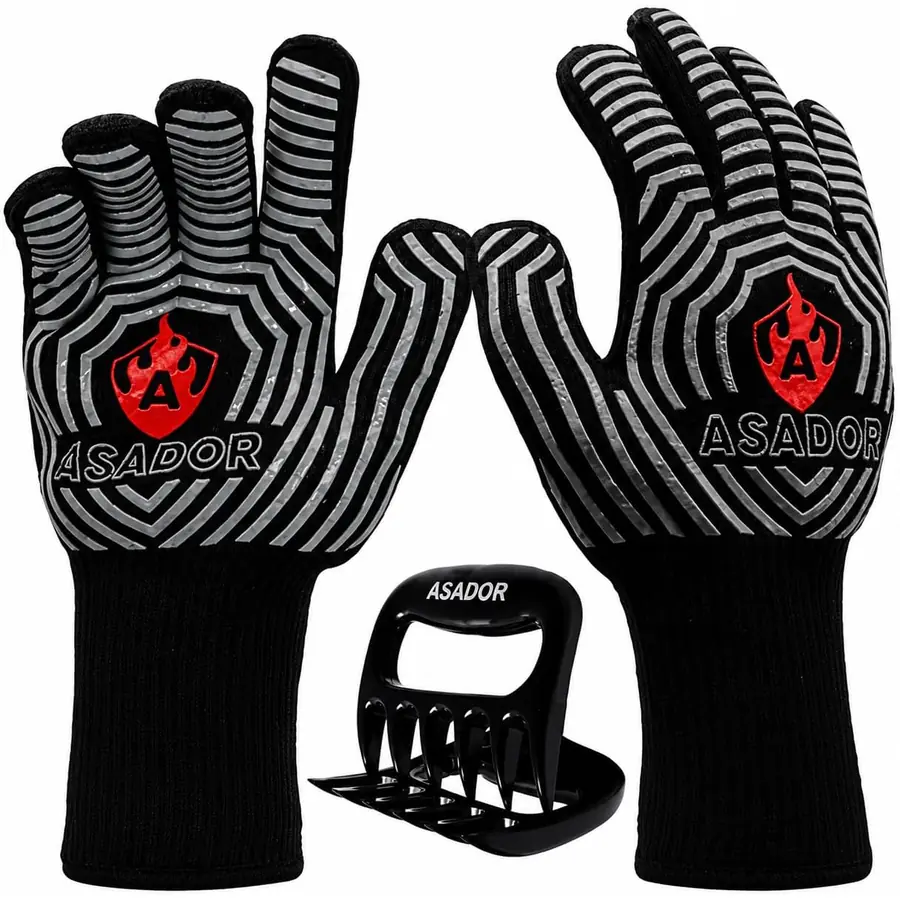 A pair of black heat-resistant BBQ gloves with silicone grip and a black meat shredder claw