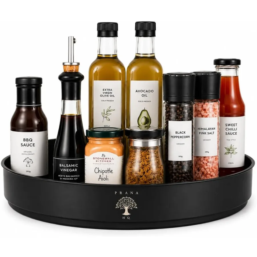 Black Prana lazy susan turntable holding oils, sauces and spices