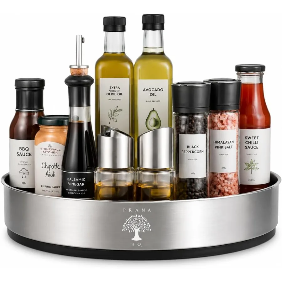 Prana stainless steel lazy susan turntable holding oils, sauces and spices