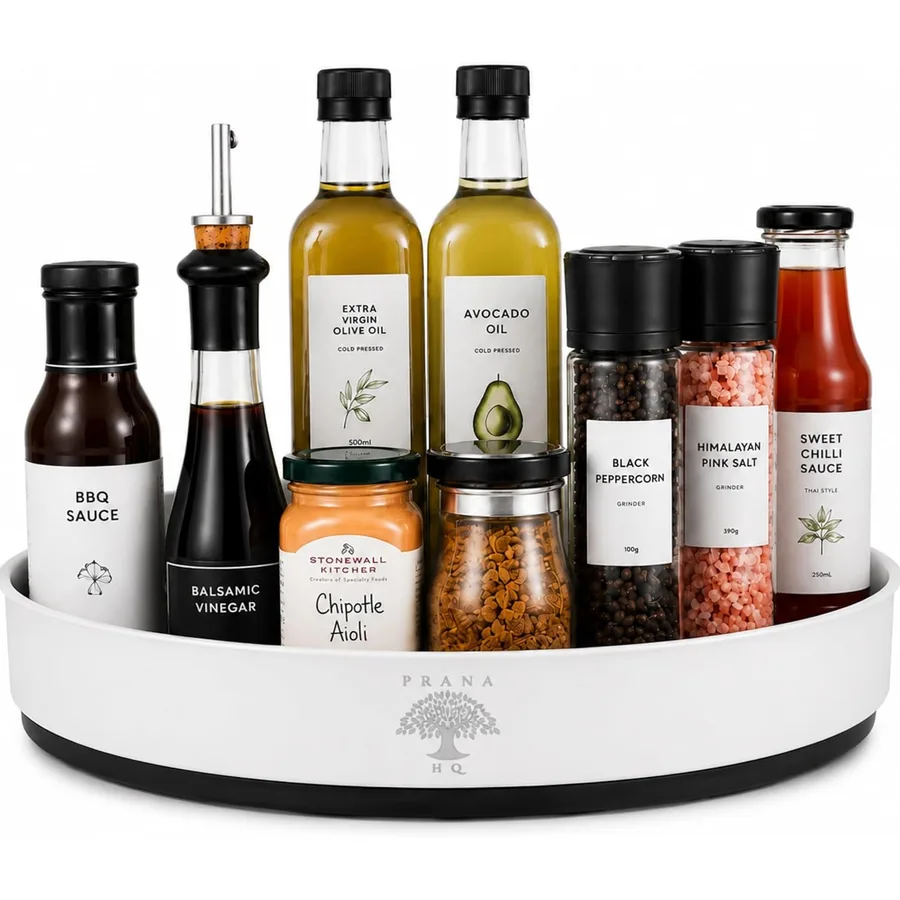 White Prana lazy susan turntable holding condiment bottles and jars