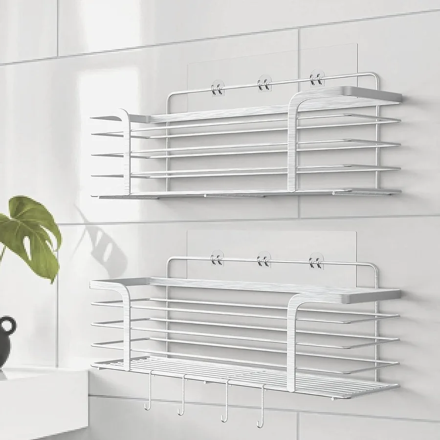 Prana stainless steel shower caddy, two wall-mounted shelves