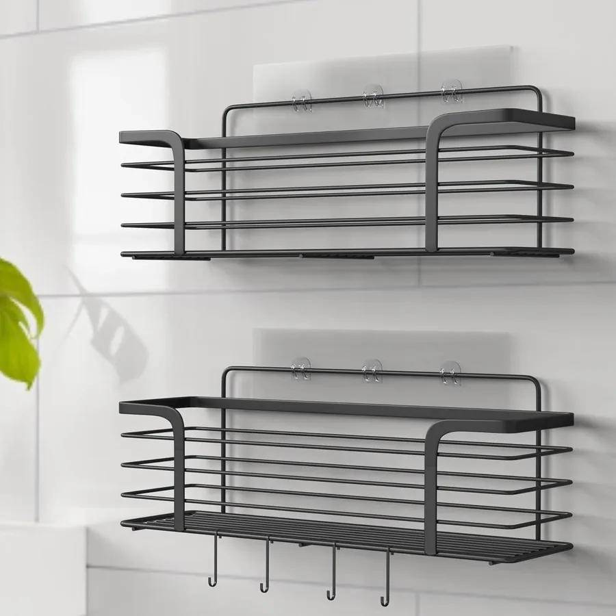 Prana black shower caddy, two large wall shelves with hooks